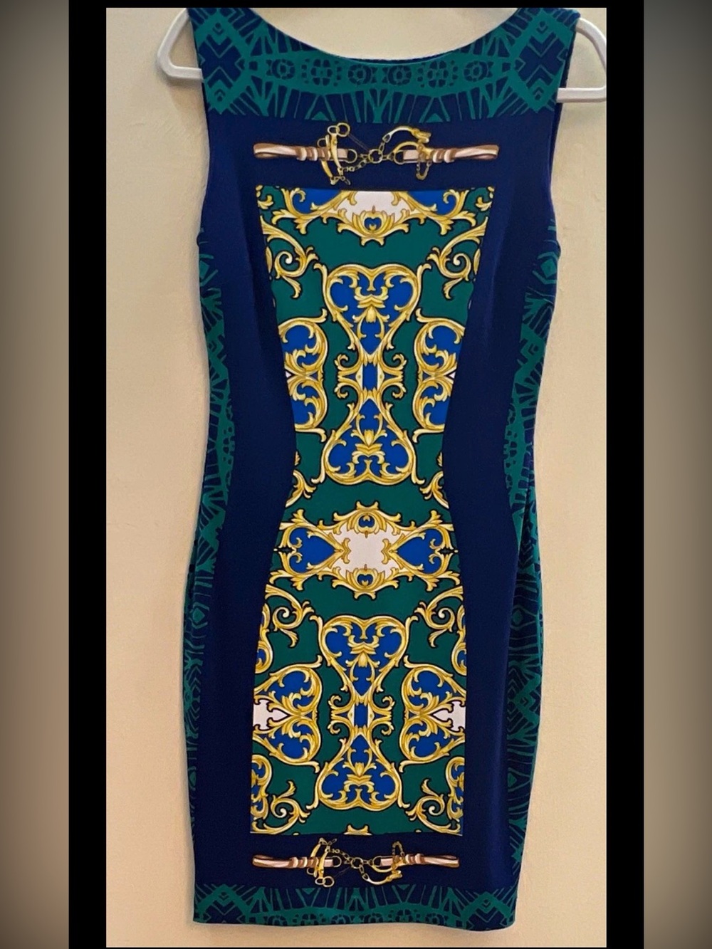 Sleeveless Printed Sheath Dress in Green & Navy